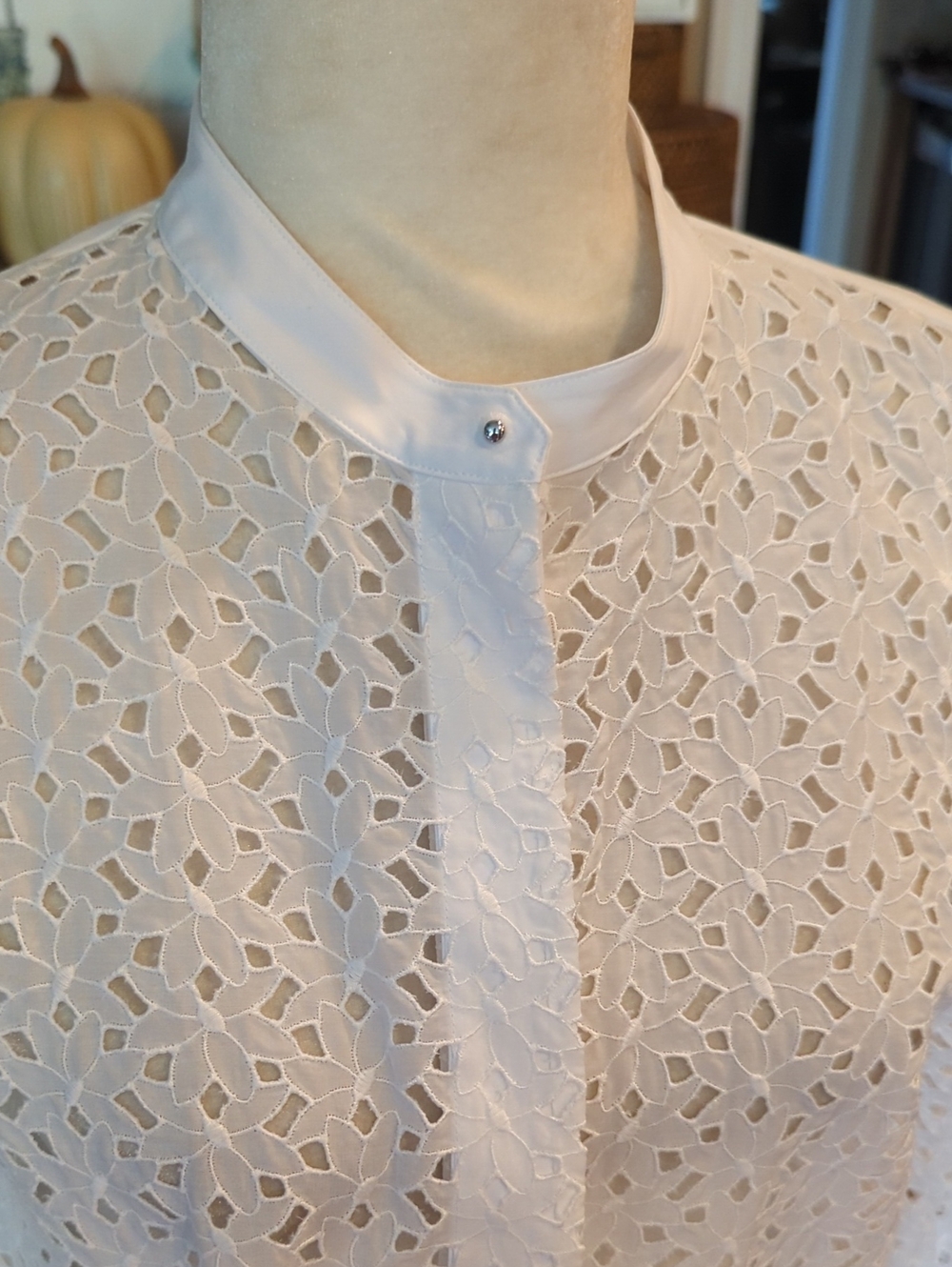 Theory White Eyelet Button-Down Mandarin Collar Blouse Cotton/ Silk Luxury Sz L - Picture 7 of 10
